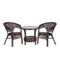 ТЕРРАСНЫЙ КОМПЛЕКТ PELANGI (стол со стеклом + 2 кресла) /без подушек/ ротанг, кресло 65х65х77см, стол диаметр 64х61см, walnut (грецкий орех)