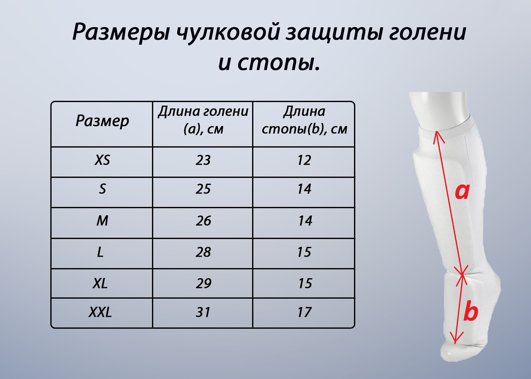 Защита голени для единоборств Размерная сетка