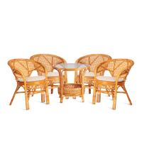 Комплект PELANGI  02/15 ( стол со стеклом + 4 кресла ) [с подушками] ротанг, кресло 65х65х77см, стол диаметр 64х61см, Honey (мед)