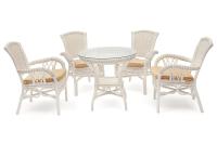 Комплект обеденный ANDREA ( стол со стеклом + 4 кресла + подушки) TCH White (белый), Ткань рубчик, цвет кремовый