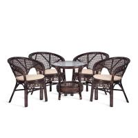 Комплект &quot,PELANGI&quot,  02/15 ( стол со стеклом + 4 кресла ) [с подушками] ротанг, кресло 65х65х77см, стол диаметр 64х61см, walnut (грецкий орех)