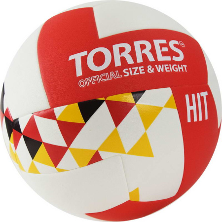 Волейбольные мячи + Мяч вол. TORRES Hit, V32055 р.5, синт.кожа (ПУ), клееный, бут.кам, бело-красно-мультколор