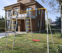 Детские спортивные комплексы для дачи + Дачный комплекс "Весёлая лужайка-2" + ФАНЕРНЫЕ качели Romana R 103.25.04 (серый/жёлтый)