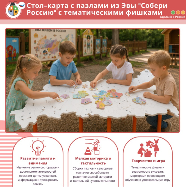 Музыкальные площадки и метеостанции + Стол-карта с пазлами из Эвы "Собери Россию" с тематическими фишками