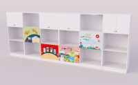 Детские шкафчики и стеллажи + Детская дидактическая стенка «Театр и календарь погоды»