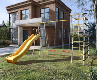 Детские спортивные комплексы для дачи + Дачный комплекс "Богатырь Плюс 2 MAX" + ФАНЕРНЫЕ качели Romana 103.12.07 (серый/жёлтый)