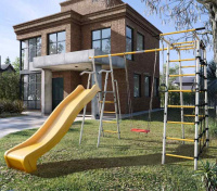 Детские спортивные комплексы для дачи + Дачный комплекс "Богатырь MAX" + ФАНЕРНЫЕ качели Romana 103.07.07 (серый/жёлтый)