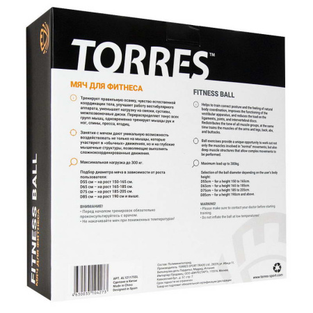 Фитболы, прыгуны + Мяч гимнастический TORRES AL122165, диам. 65 см, эласт. ПВХ,с защ. от взрыва, с насосом