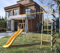 Детские спортивные комплексы для дачи + Дачный комплекс "Богатырь" + ФАНЕРНЫЕ качели Romana 103.07.06 (серый/жёлтый)